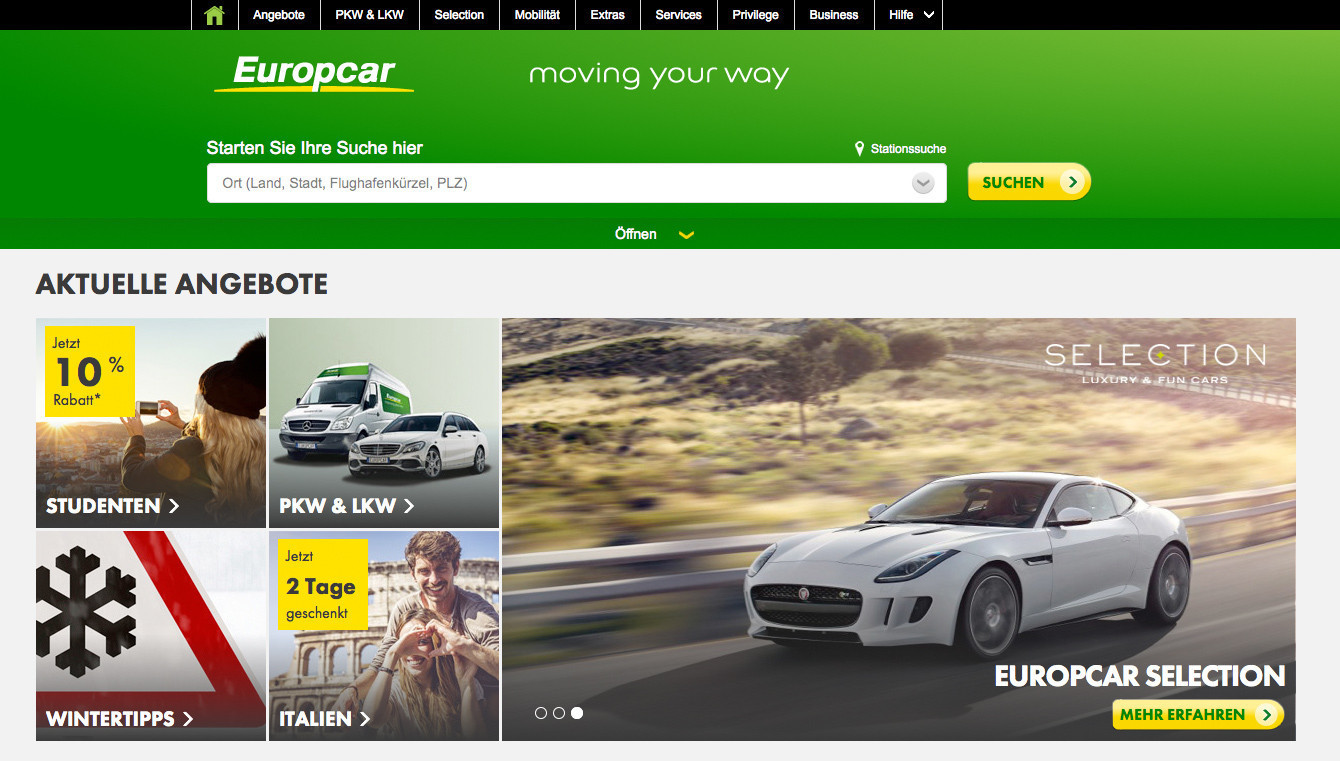 Webseite und Angebote von Europcar